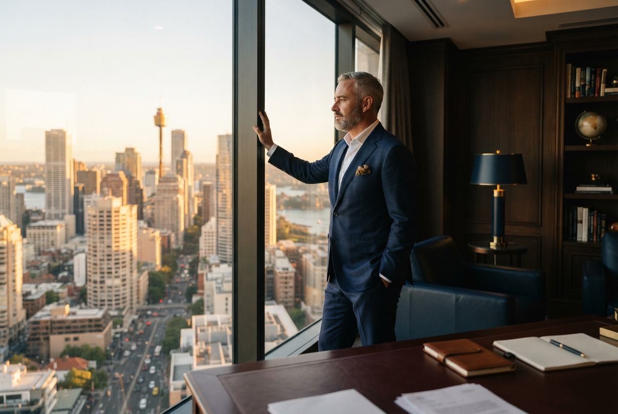 Gray-haired man in a navy suit looks over a sunlit city from a wood-paneled executive office.