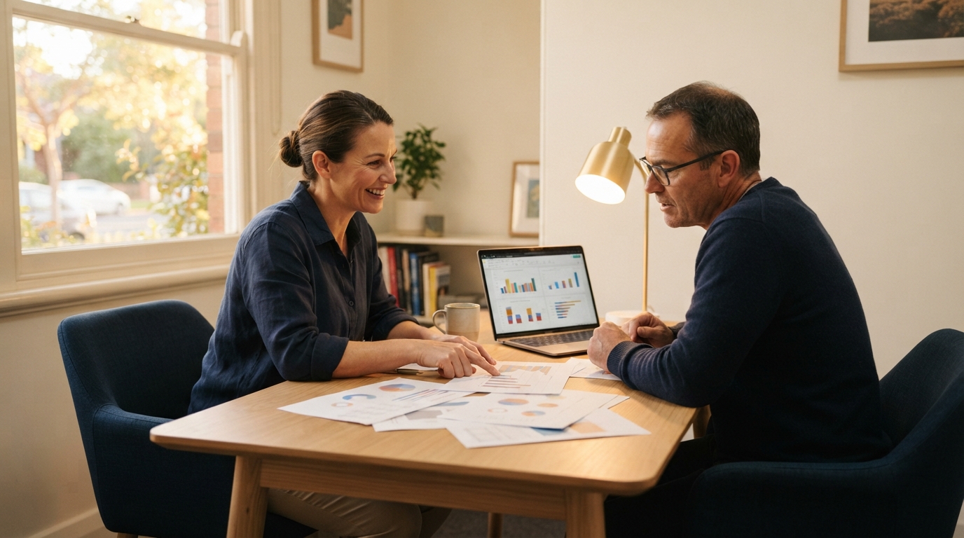 Two adults discuss printed charts at a table beside a laptop displaying colorful data visualizations.