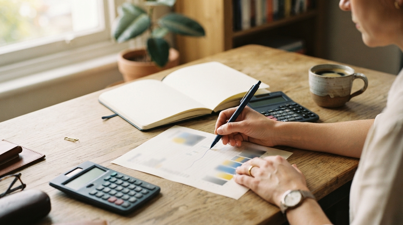 Person reviews a blurred report with a pen at a wooden desk beside calculators, a notebook, coffee, and a plant.