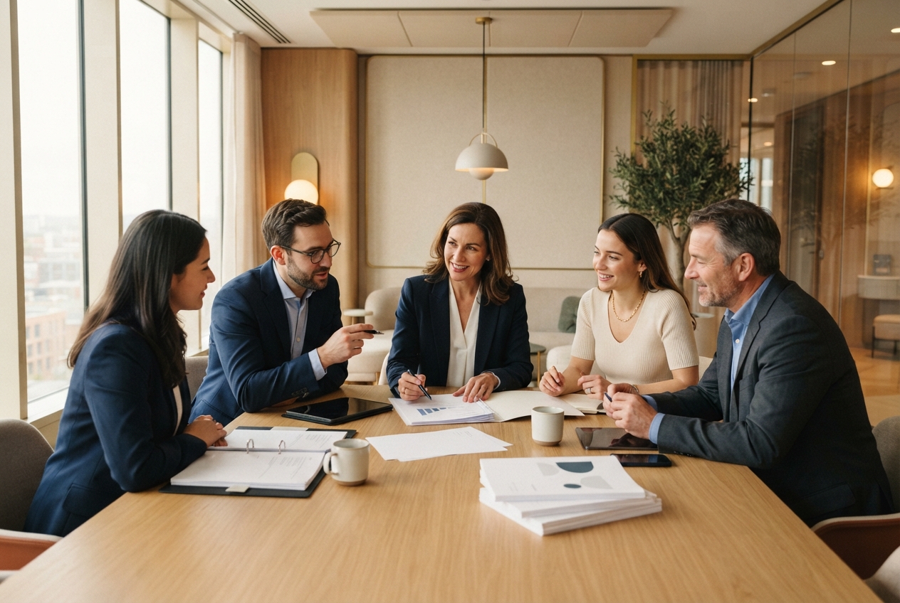 Five professionals discuss documents around a conference table in a warmly lit modern office.
