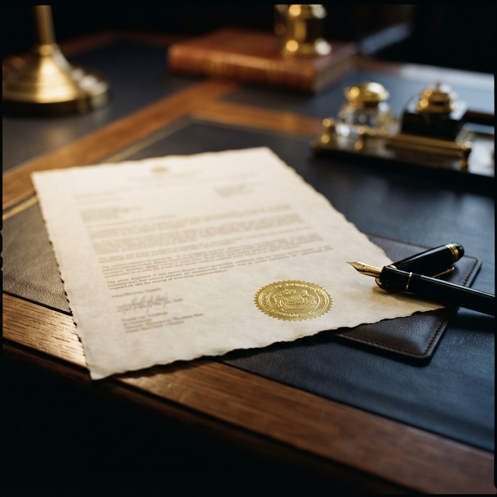 Torn legal document with a gold seal and black fountain pen on a dark wooden desk.
