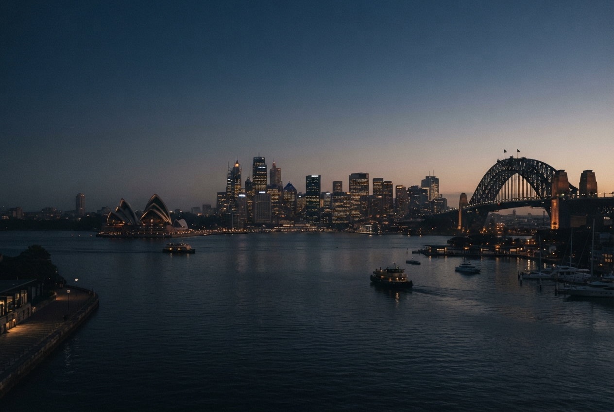 Dusk panorama of Sydney Harbour with the Opera House, city skyline, Harbour Bridge, and boats.