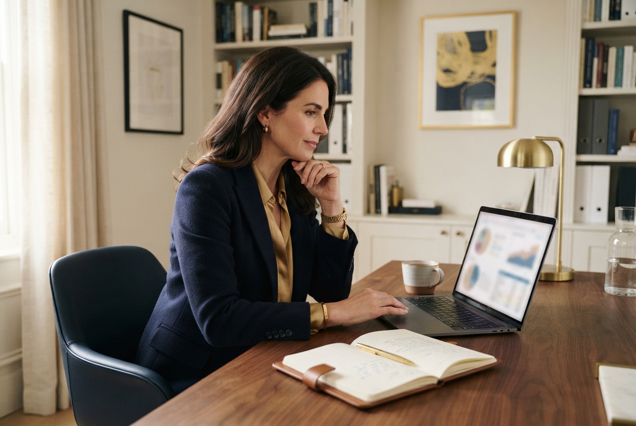 Woman in a navy blazer works at a laptop in a warmly lit home office with bookshelves and an open notebook.
