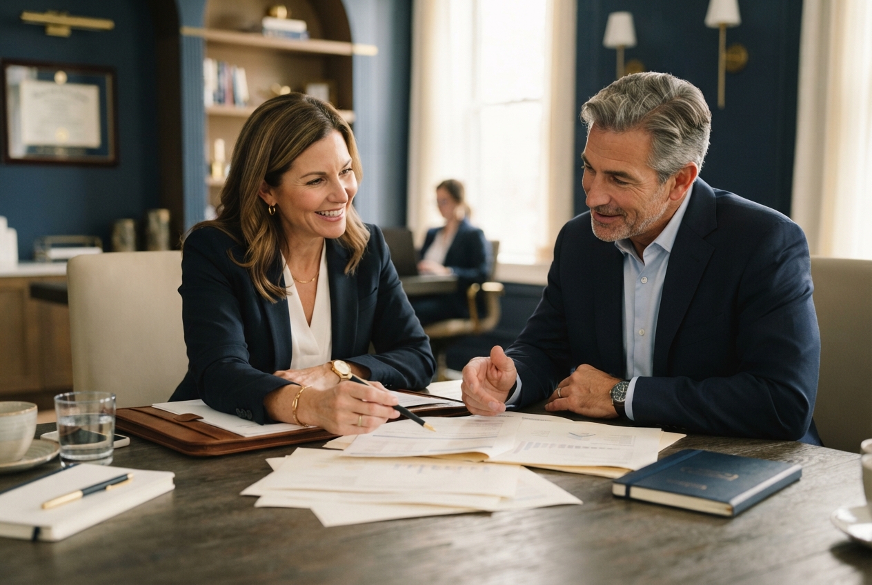 Two professionals discuss paperwork at a wooden office table with documents, notebooks, and a glass of water.