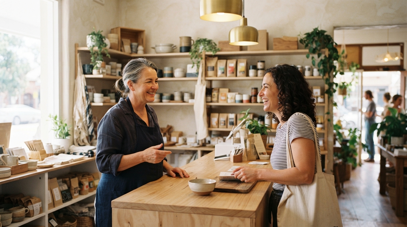 Two women converse at a wooden counter in a warmly lit artisan shop with shelves of goods and plants.