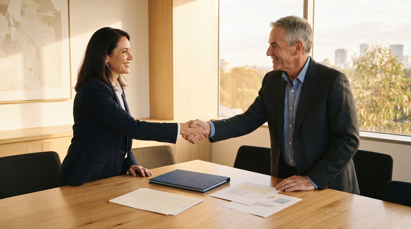 Two business professionals smile and shake hands across a conference table with documents and a blue folder.