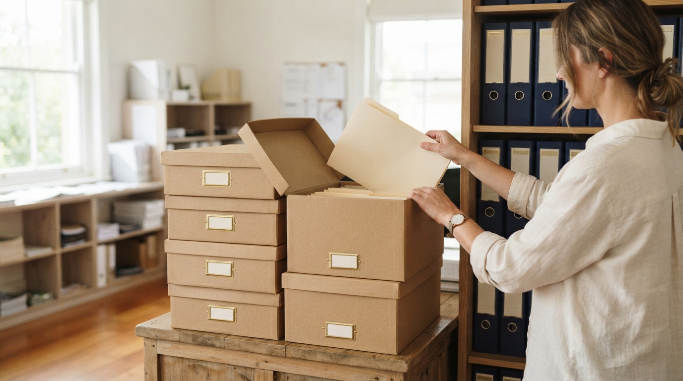 Woman organizes cream folders in open cardboard archive boxes beside shelves of binders.