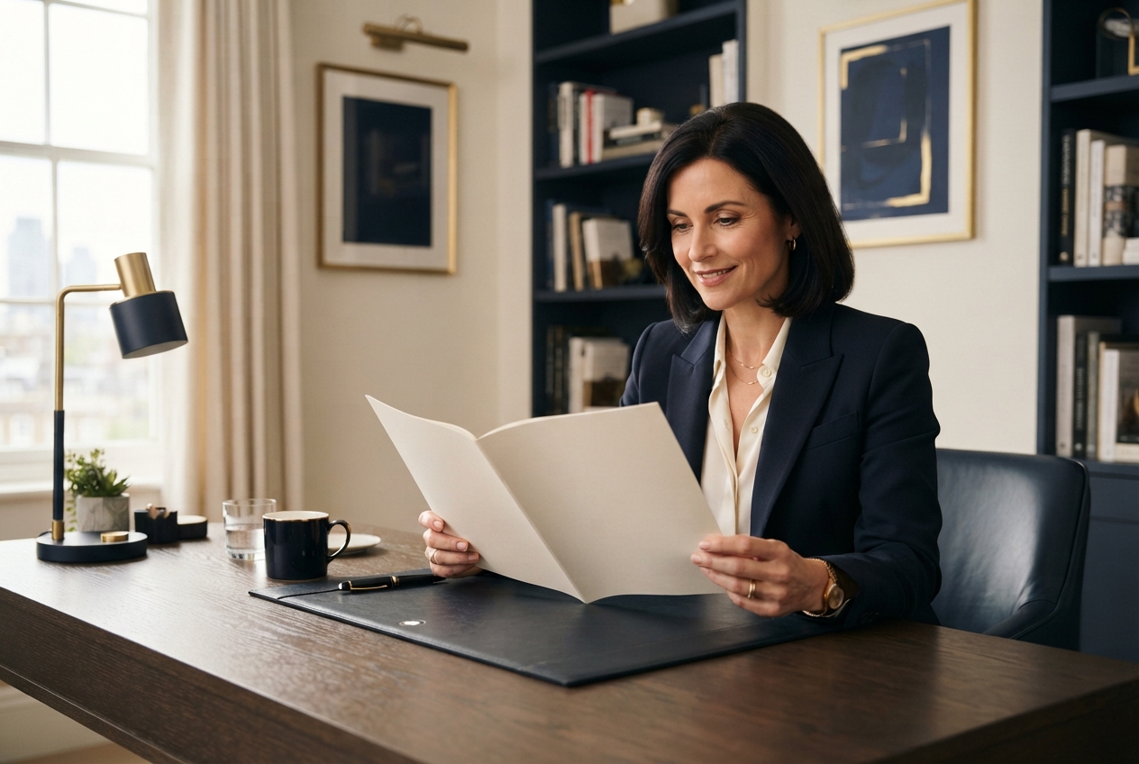 Woman in a navy suit reads a document at a desk in a warmly lit office.