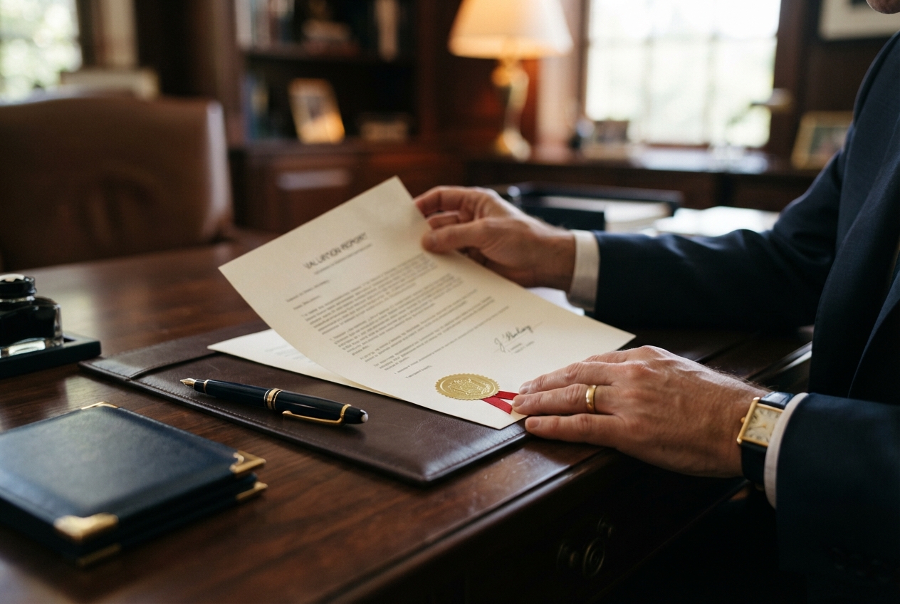 Person in a navy suit holds a signed certificate with a gold seal over a wooden office desk.