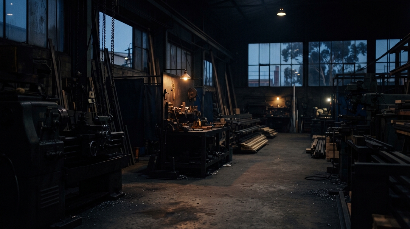 Dark industrial workshop with machinery, stacked materials, large windows, and warm hanging lights.