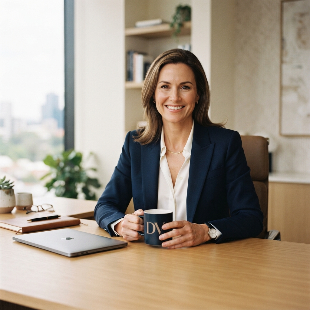 Smiling businesswoman in a navy blazer holds a “DV” mug at a desk with a laptop in a bright office.