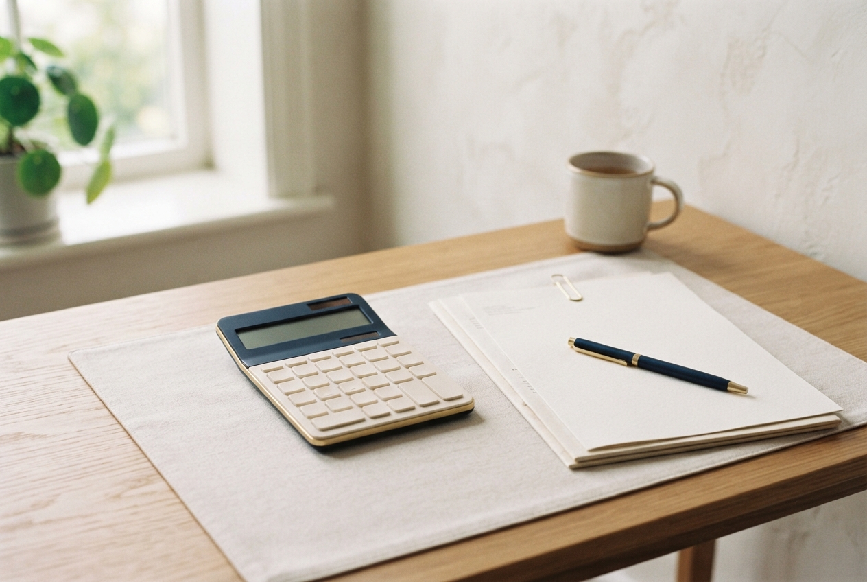 Calculator, notebook with pen and paper clip, and coffee mug on a softly lit wooden desk.
