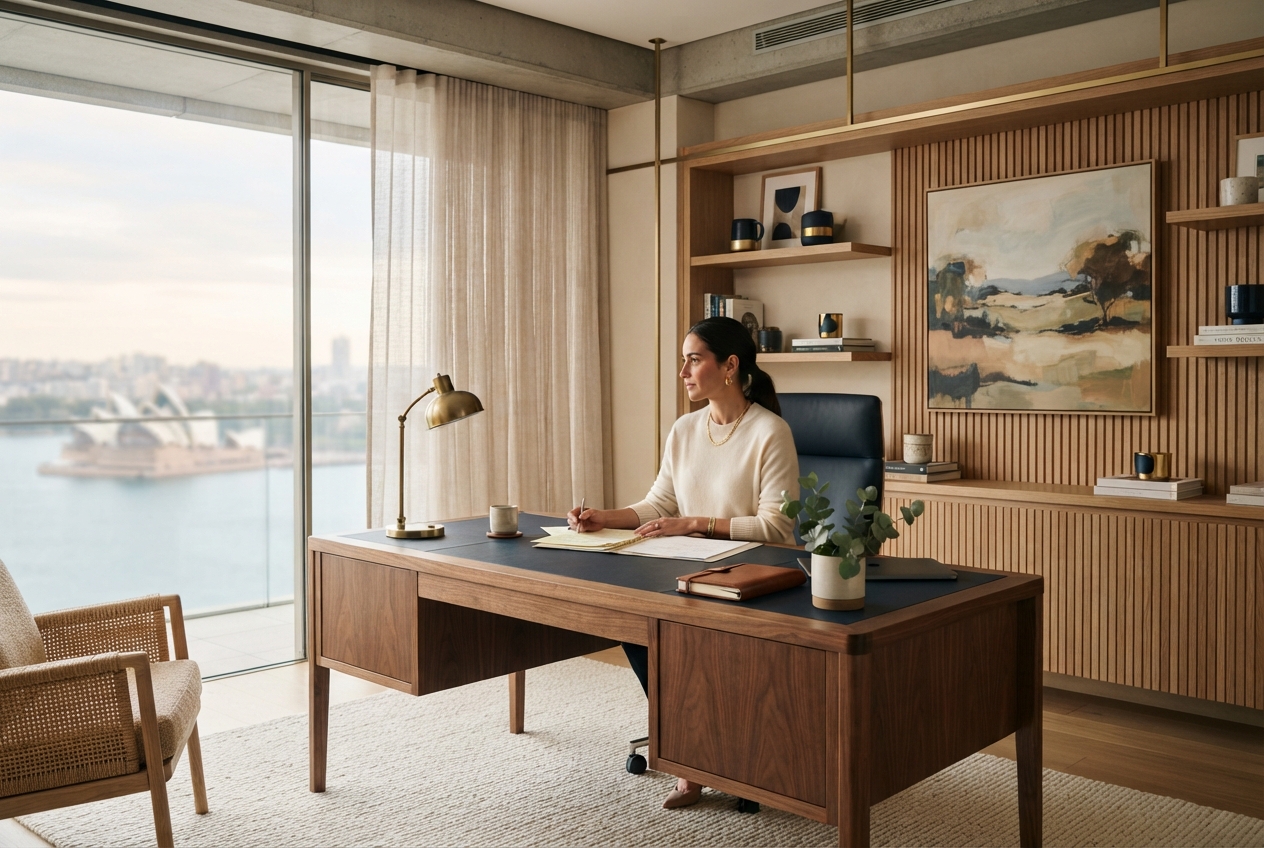 Woman writing at a walnut desk in a harbor-view office with shelves, artwork, and a potted plant.