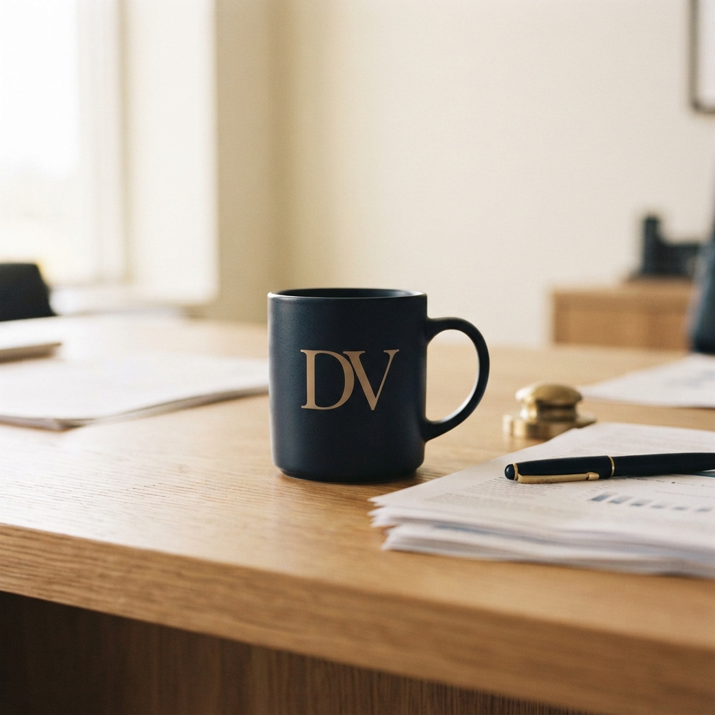 Matte dark mug marked “DV” sits on a wooden desk beside papers and a black-and-gold pen.